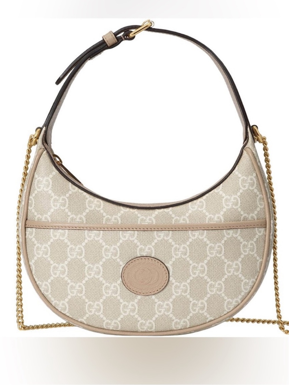 Gucci Beige GG Canvas Crescent Shoulder Bag with Gold Chain